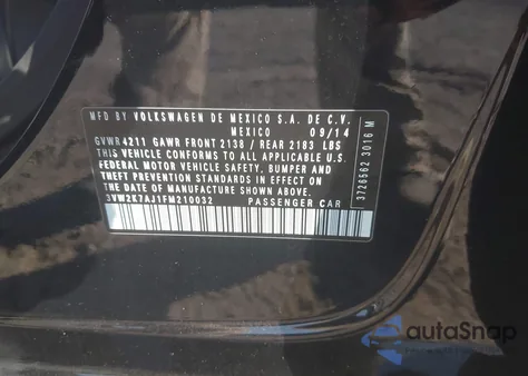 2015 Volkswagen Jetta 2.0L S from USA, damaged, VIN 3VW2K7AJ1FM210032